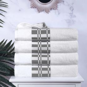 Larissa Cotton Geometric Border Bath Towel Set of 4 (Color: White, size: 4 Piece Bath Towels)