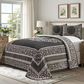 Lyron Cotton Blend Woven Jacquard Floral Scroll Bedspread Set (Color: Charcoal, size: Queen)