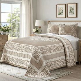 Lyron Cotton Blend Woven Jacquard Floral Scroll Bedspread Set (Color: Taupe, size: Queen)