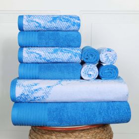Cotton Marble and Solid Quick Dry 10 Piece Assorted Bathroom Towel Set (Color: Blue, size: 10 Piece Towel Set)