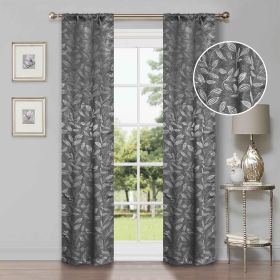 Leaves Machine Washable Room Darkening Blackout Curtains, Set of 2 (Color: Nickel Black, size: 26" X 63")