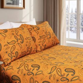 Cotton Flannel Floral Paisley Deep Pocket Bed Sheet Set (Color: Pumpkin, size: Queen)
