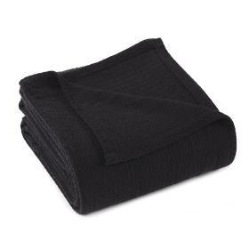 Waffle Weave Honeycomb Knit Soft Solid Textured Cotton Blanket (Color: Black, size: King)