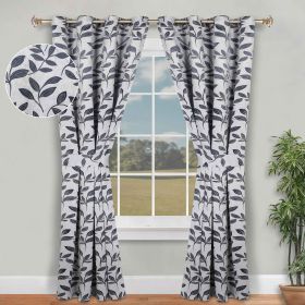 Leaves Room Darkening Washable Blackout Curtain Panels, Set of 2 (Color: White Navy Blue, size: 42" X 84")