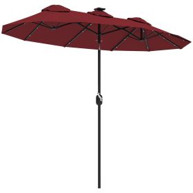 Double-sided Patio Umbrella, 9.7' Outdoor Umbrella With Tilt And Crank, LED Solar Light And 12 Ribs, Wine Red (Color: Red)