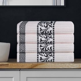 Athens Cotton Greek Key Trim Bath Towel Set of 4 (Color: Ivory-Black, size: 4 Piece Bath Towels)