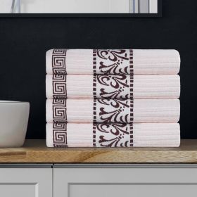 Athens Cotton Greek Key Trim Bath Towel Set of 4 (Color: Ivory-Chocolate, size: 4 Piece Bath Towels)