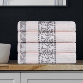 Athens Cotton Greek Key Trim Bath Towel Set of 4 (Color: Ivory-Chrome, size: 4 Piece Bath Towels)