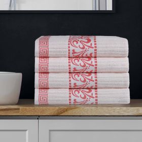 Athens Cotton Greek Key Trim Bath Towel Set of 4 (Color: Ivory-Coral, size: 4 Piece Bath Towels)