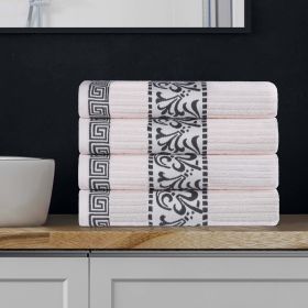 Athens Cotton Greek Key Trim Bath Towel Set of 4 (Color: Ivory-Grey, size: 4 Piece Bath Towels)