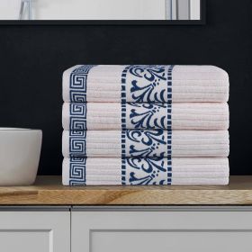 Athens Cotton Greek Key Trim Bath Towel Set of 4 (Color: Ivory-Navy, size: 4 Piece Bath Towels)