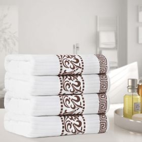 Athens Cotton Greek Key Trim Bath Towel Set of 4 (Color: White-Chocolate, size: 4 Piece Bath Towels)