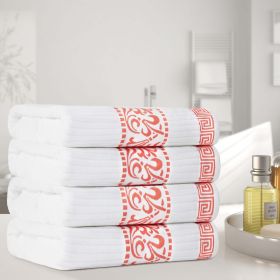 Athens Cotton Greek Key Trim Bath Towel Set of 4 (Color: White-Coral, size: 4 Piece Bath Towels)