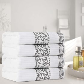 Athens Cotton Greek Key Trim Bath Towel Set of 4 (Color: White-Grey, size: 4 Piece Bath Towels)