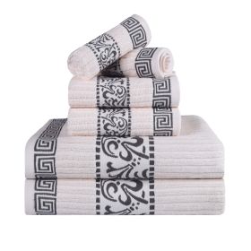 Athens Cotton Medium Weight Floral Greek Key Trim 6 Piece Towel Set (Color: Ivory-Grey, size: 6 Piece Towel Set)