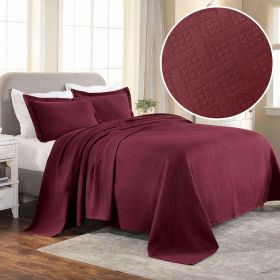 Basket Weave Matelasse Cotton Bedspread Set (Color: Garnet, size: Queen)