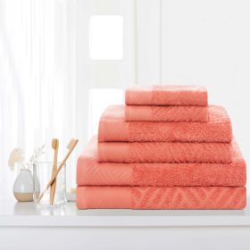 Basketweave Jacquard and Solid 6 Piece Egyptian Cotton Towel Set (Color: Coral, size: 6 Piece Towel Set)