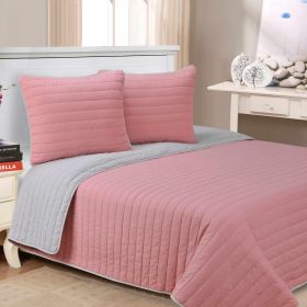Brandon Cotton Embroidered Solid Reversible Breathable Quilt Set (Color: Pink, size: Twin/Twin XL)