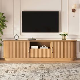 Vintage Rustic TV Stand with Sliding Wood Slatted Doors for TVs up to 75", Farmhouse Fluted TV Cabinet with Drawer (Color: Natural)