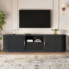 Vintage Rustic TV Stand with Sliding Wood Slatted Doors for TVs up to 75", Farmhouse Fluted TV Cabinet with Drawer (Color: Black)