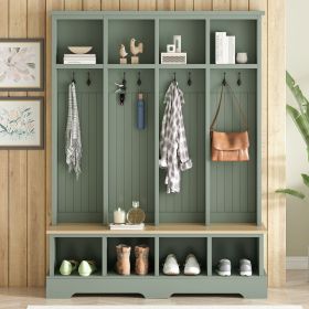 Farmhouse Hall Tree with 8 Hooks, Practical Entryway Bench with Open Compartments, 76.7"H Modern 3-in-1 Wooden Style Coat and Shoe Rack for Mudroom (Color: Mint Green)