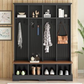 Farmhouse Hall Tree with 8 Hooks, Practical Entryway Bench with Open Compartments, 76.7"H Modern 3-in-1 Wooden Style Coat and Shoe Rack for Mudroom (Color: Black)