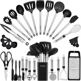 Kitchen Utensil Set-Silicone Cooking Utensils-33 Kitchen Gadgets & Spoons for Nonstick Cookware-Silicone and Stainless Steel Spatula Set-Best Kitchen (Color: Black)