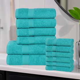 Eco-Friendly Cotton Absorbent Assorted 12 Piece Towel Set (Color: Turquoise, size: 12 Piece Towel Set)