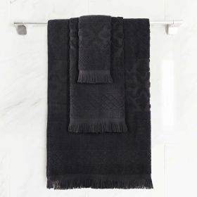 Rolla Cotton Geometric Jacquard Plush Soft Absorbent 3 Piece Towel Set (Color: Black, size: 3 Piece Towel Set)
