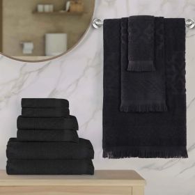 Rolla Cotton Geometric Jacquard Plush Soft Absorbent 9 Piece Towel Set (Color: Black, size: 9 Piece Towel Set)