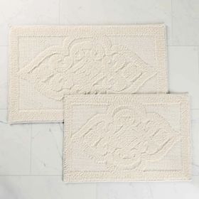 Myra Medallion Textured Jacquard Machine Washable Bath Rugs, Set of 2 (Color: Ivory, size: large)