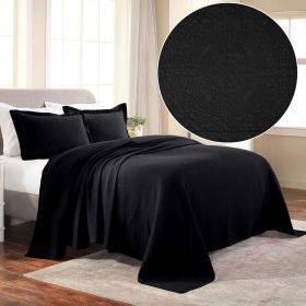 Fleur De Lis Jacquard Matelassé Cotton Medallion Bedspread Set (Color: Black, size: Queen)