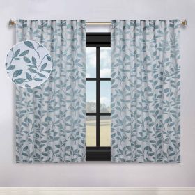 Leaves Room Darkening Back Tabs Blackout Curtain Panels, Set of 2 (Color: Teal, size: 52" X 63")