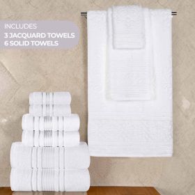 Sadie Zero Twist Cotton Solid and Jacquard Floral 9 Piece Towel Set (Color: White, size: 9 Piece Towel Set)