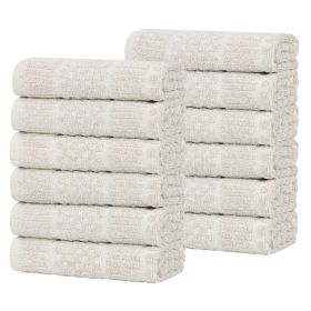 Naples Cotton Blend Checkered Ribbed Face Towels Washcloths, Set of 12 (Color: Biege, size: 12 Piece Face Towels)