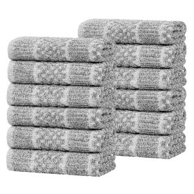 Naples Cotton Blend Checkered Ribbed Face Towels Washcloths, Set of 12 (Color: Charcoal, size: 12 Piece Face Towels)
