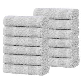 Naples Cotton Blend Checkered Ribbed Face Towels Washcloths, Set of 12 (Color: Platinum, size: 12 Piece Face Towels)