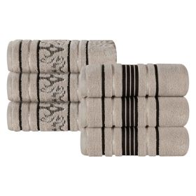 Sadie Zero Twist Cotton Solid and Jacquard Floral Hand Towel Set of 6 (Color: Stone, size: 6 Piece Hand Towels)