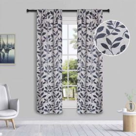 Leaves Machine Washable Room Darkening Blackout Curtains, Set of 2 (Color: White Navy Blue, size: 26" X 63")