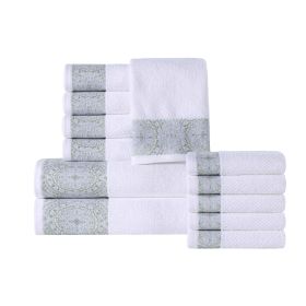 Medallion Cotton Jacquard Textured Soft Absorbent 12 Piece Towel Set (Color: White-Silver, size: 12 Piece Towel Set)