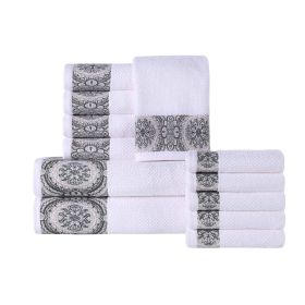 Medallion Cotton Jacquard Textured Soft Absorbent 12 Piece Towel Set (Color: White-Stone, size: 12 Piece Towel Set)