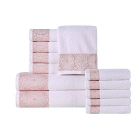 Medallion Cotton Jacquard Textured Soft Absorbent 12 Piece Towel Set (Color: White-Emberglow, size: 12 Piece Towel Set)
