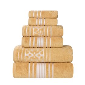 Sadie Zero Twist Cotton Solid and Jacquard Floral 6 Piece Towel Set (Color: Gold, size: 6 Piece Towel Set)