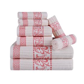 Superior Athens Cotton Greek Key Trim 8 Piece Towel Set (Color: Ivory-Coral, size: 8 Piece Towel Set)