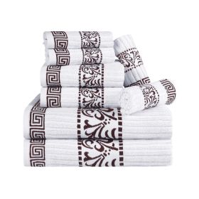 Superior Athens Cotton Greek Key Trim 8 Piece Towel Set (Color: White-Chocolate, size: 8 Piece Towel Set)
