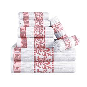 Superior Athens Cotton Greek Key Trim 8 Piece Towel Set (Color: White-Coral, size: 8 Piece Towel Set)
